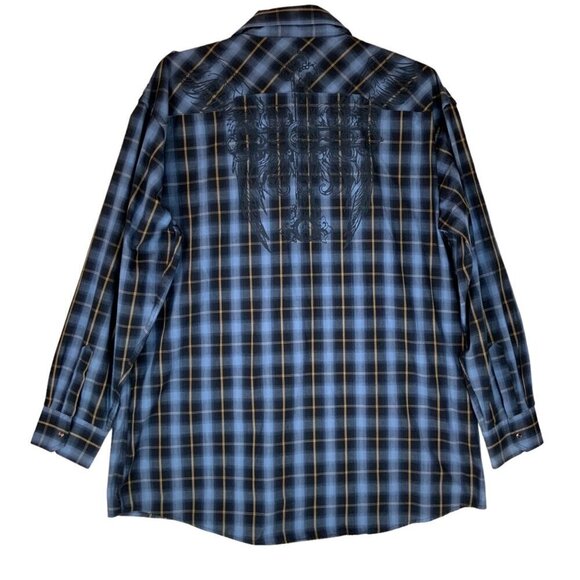 Empra Mens 3XL Plaid Western Shirt Cross Angel Wings Detail Diamond Snaps - Picture 3 of 6